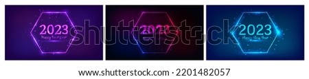 2023 Happy New Year neon background. Set of three neon backdrops with hexagon frames with shining effects and sparkles and inscription Happy New Year. Dark background for Christmas holiday