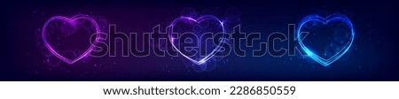 Set of three neon frames in heart form with shining effects and sparkles on dark background. Empty glowing techno backdrop. Vector illustration