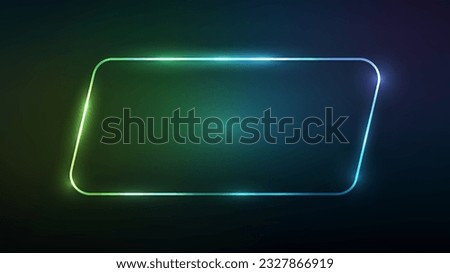 Neon rounded parallelogram frame with shining effects on dark green background. Empty glowing techno backdrop. Vector illustration