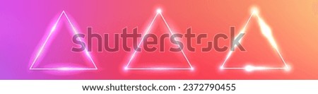 Set of three neon triangular frames with shining effects on orange background. Empty glowing techno backdrop. Vector illustration