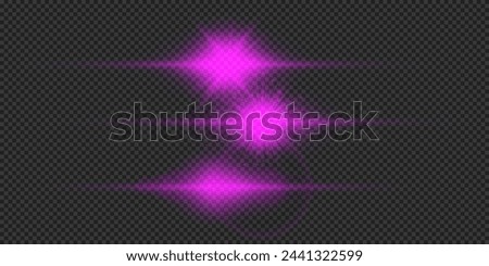 Light effect of lens flares. Three purple horizontal glowing light starburst effects with sparkles on a grey transparent background. Vector illustration