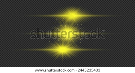 Light effect of lens flares. Three yellow horizontal glowing light starburst effects with sparkles on a grey transparent background. Vector illustration