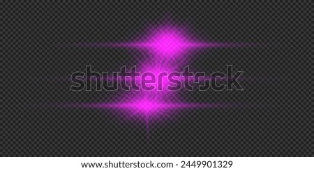 Light effect of lens flares. Three purple horizontal glowing light starburst effects with sparkles on a grey transparent background. Vector illustration