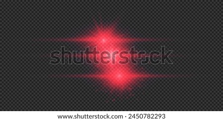 Light effect of lens flares. Three red horizontal glowing light starburst effects with sparkles on a grey transparent background. Vector illustration