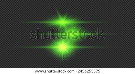 Light effect of lens flares. Three green horizontal glowing light starburst effects with sparkles on a grey transparent background. Vector illustration