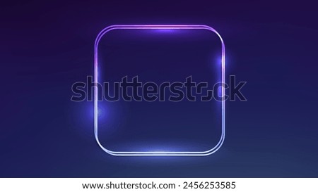 Neon double rounded square frame with shining effects on dark blue background. Empty glowing techno backdrop. Vector illustration