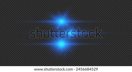 Light effect of lens flares. Three blue horizontal glowing light starburst effects with sparkles on a grey transparent background. Vector illustration
