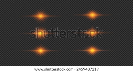 Light effect of lens flares. Set of orange horizontal glowing light starburst effects with sparkles on a grey transparent background. Vector illustration