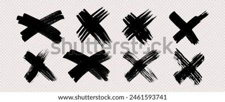 Hand drawn brush cross symbol. Set of black sketch cross symbols on transparent background. Vector illustration