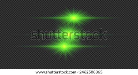 Light effect of lens flares. Three green horizontal glowing light starburst effects with sparkles on a grey transparent background. Vector illustration