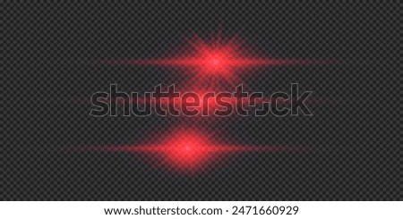 Light effect of lens flares. Three red horizontal glowing light starburst effects with sparkles on a grey transparent background. Vector illustration