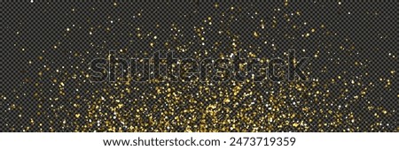 Gold glittering dust with stars on a gray transparent background. Dust with gold glitter effect and empty space for your text.  Vector illustration