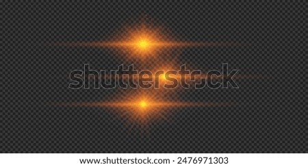 Light effect of lens flares. Three orange horizontal glowing light starburst effects with sparkles on a grey transparent background. Vector illustration