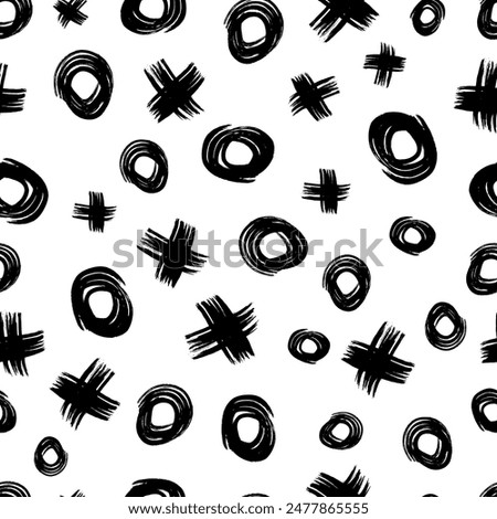 Seamless pattern with black sketch hand drawn brush scribble circles shape and cross symbols on white background. Abstract grunge texture. Vector illustration