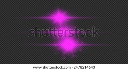 Light effect of lens flares. Three purple horizontal glowing light starburst effects with sparkles on a grey transparent background. Vector illustration