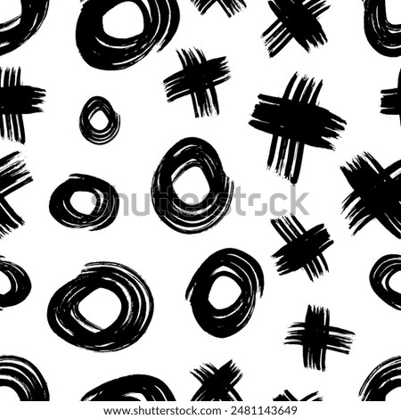 Seamless pattern with black sketch hand drawn brush scribble circles shape and cross symbols on white background. Abstract grunge texture. Vector illustration