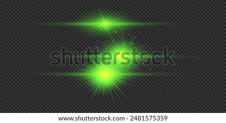 Light effect of lens flares. Three green horizontal glowing light starburst effects with sparkles on a grey transparent background. Vector illustration