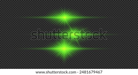 Light effect of lens flares. Three green horizontal glowing light starburst effects with sparkles on a grey transparent background. Vector illustration