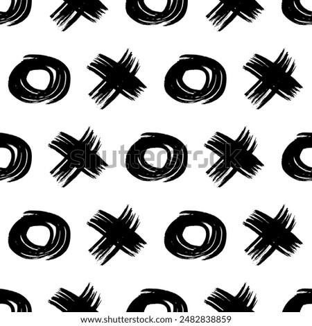 Seamless pattern with black sketch hand drawn brush scribble circles shape and cross symbols on white background. Abstract grunge texture. Vector illustration