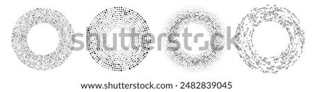 Abstract black halftone dotted background. Set of four patterns in circle form. Circle halftone dots. Vector illustration