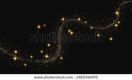 Gold glittering confetti wave and stardust. Backdrop with golden magical sparkles on dark background. Vector illustration