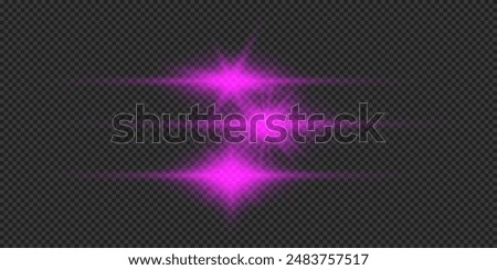 Light effect of lens flares. Three purple horizontal glowing light starburst effects with sparkles on a grey transparent background. Vector illustration