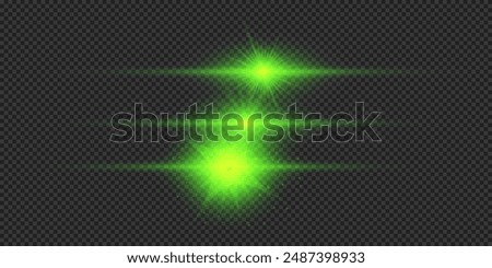 Light effect of lens flares. Three green horizontal glowing light starburst effects with sparkles on a grey transparent background. Vector illustration