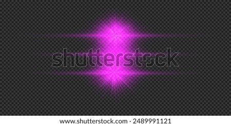 Light effect of lens flares. Three purple horizontal glowing light starburst effects with sparkles on a grey transparent background. Vector illustration