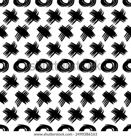 Seamless pattern with black sketch hand drawn brush scribble circles shape and cross symbols on white background. Abstract grunge texture. Vector illustration