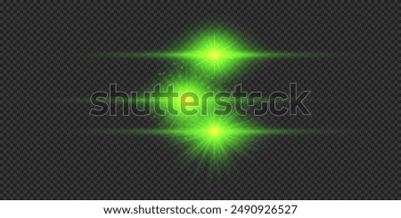 Light effect of lens flares. Three green horizontal glowing light starburst effects with sparkles on a grey transparent background. Vector illustration