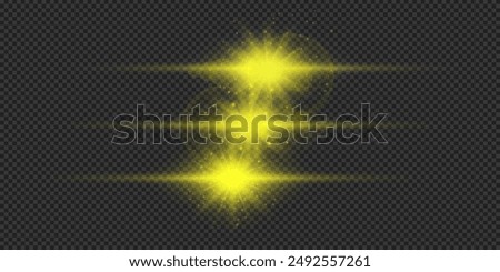 Light effect of lens flares. Three yellow horizontal glowing light starburst effects with sparkles on a grey transparent background. Vector illustration