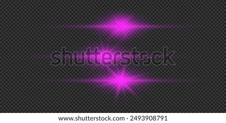 Light effect of lens flares. Three purple horizontal glowing light starburst effects with sparkles on a grey transparent background. Vector illustration