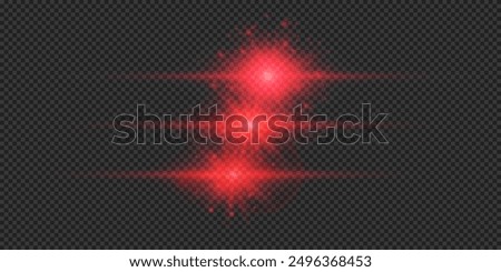 Light effect of lens flares. Three red horizontal glowing light starburst effects with sparkles on a grey transparent background. Vector illustration