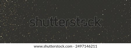 Gold glittering dust with stars on a gray transparent background. Dust with gold glitter effect and empty space for your text.  Vector illustration