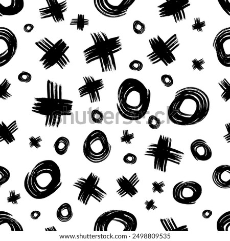 Seamless pattern with black sketch hand drawn brush scribble circles shape and cross symbols on white background. Abstract grunge texture. Vector illustration