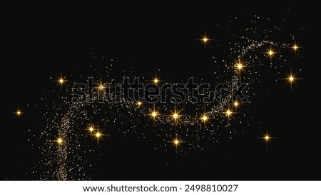 Gold glittering confetti wave and stardust. Backdrop with golden magical sparkles on dark background. Vector illustration