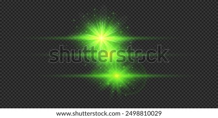 Light effect of lens flares. Three green horizontal glowing light starburst effects with sparkles on a grey transparent background. Vector illustration