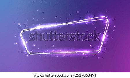 Neon rounded double frame with shining effects and sparkles on blue background. Empty glowing techno backdrop. Vector illustration