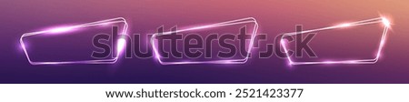 Set of three neon double rounded frames with shining effects on brown background. Empty glowing techno backdrop. Vector illustration