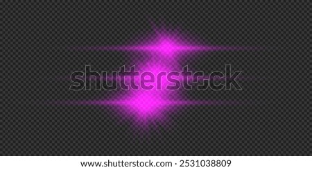 Light effect of lens flares. Three purple horizontal glowing light starburst effects with sparkles on a grey transparent background. Vector illustration