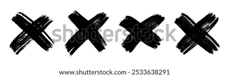 Hand drawn brush cross symbol. Set of four black sketch cross symbols on white background. Vector illustration