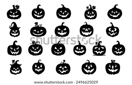 Halloween Pumpkins Silhouette, Pumpkins Different Shapes Silhouette Set, Scary Spooky Carving Pumpkins.