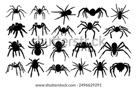 Halloween Spider Silhouette, Spider Different Shapes Silhouette Set, Scary and Creepy Element Character.