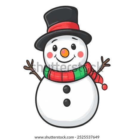 Cheerful cartoon snowman with a black hat, red and green scar