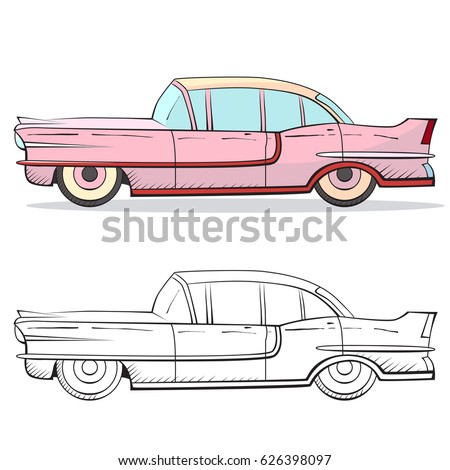 Retro car in cartoon style. Color and black outline retro auto. Classic car hand drawn set