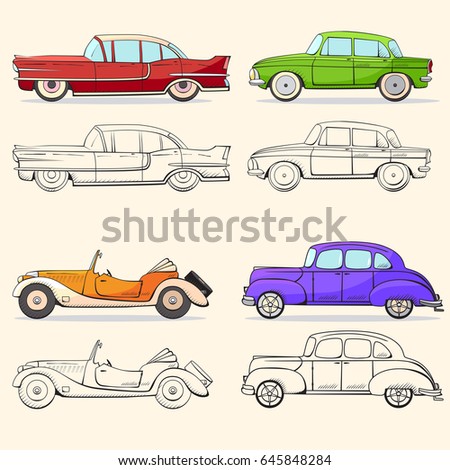 Collection with retro car in cartoon style. Color and black outline retro auto.  Classic car drawn set