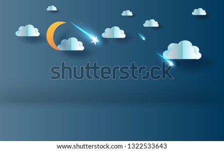 3D Paper art and craft style of half moon with cloud and shooting star on sky night your text space background.Goodnight and sweet dream dark shadow.Origami mobile concept,vector.illustration