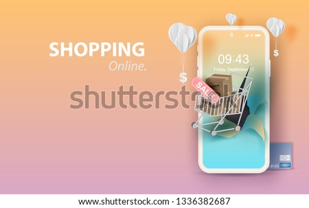 Paper art of smartphone for online shopping your text space background, Shopping Cart Floating on mobile phone concept,Balloon by dollar money on pastel color,Shopping via the internet shop.vector.