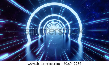Loop motion of glowing neon ring and dark galaxy star background. Cyber Futuristic High Speed light zoom. Circles laser show fashion. Backdrop beam blur Flare.Abstract Light fast night with way space