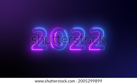 number 2022 neon light bright glowing. 2022 happy New Year dark background with decoration with neon number  on Purple and blue background. illustration winter holiday greeting card template.